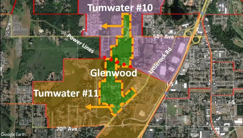 The Glenwood precinct would be split between Tumwater 10 and 11, with the power lines in the area indicating the boundary.